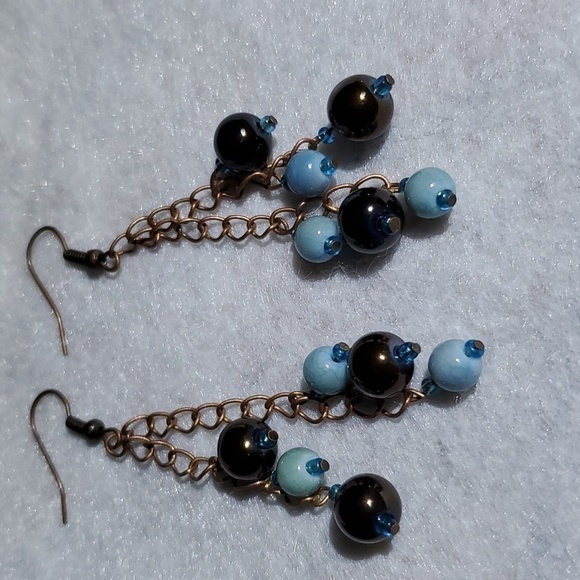 Handmade Chain Drop Purple & Light Blue Glass Bead Earrings - Picture 1 of 4